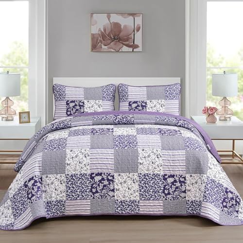 Mybedsoul Purple Quilt Set Full Size, Patchwork Floral Bedding Set