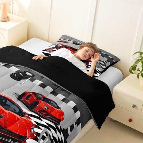 Feelyou Boys Sports Car Comforter Set Toddler Size Red Speed Race Car Bedding Set for Kids Boys Girls Racing Extreme Sports Duvet Quilt Automobile Bedroom Decor Microfiber 2 Pcs with 1 Pillow Cases