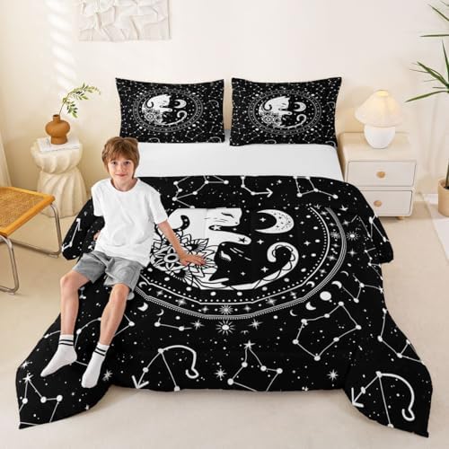 Cute Cats Comforter Set Twin,Gothic Star Sky Moon Constellation Bedding Set 2pcs for Kids Teens Boy Girls Room Decor,Animals Flower Plants Quilt Set Black Exotic Duvet Insert with 1 Pillowcase