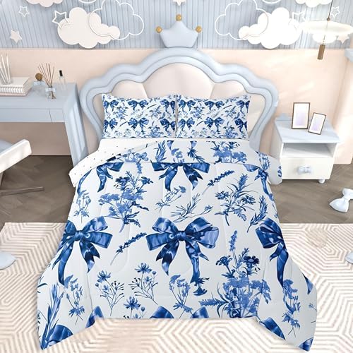 jejeloiu Bow Bedding Set Soft for Boys Girls, Bowknot Comforter Set Toddler Size Bow-tie Duvet Quilt Microfiber Colourful Bowknot Bedroom Decor 2 Pcs with 1 Pillow Cases