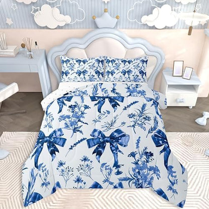jejeloiu Bow Bedding Set Soft for Boys Girls, Bowknot Comforter Set Toddler Size Bow-tie Duvet Quilt Microfiber Colourful Bowknot Bedroom Decor 2 Pcs with 1 Pillow Cases