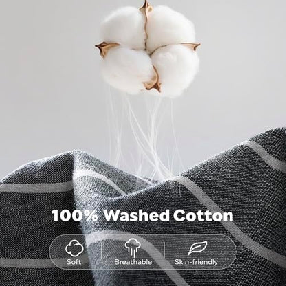 JELLYMONI Cotton Duvet Cover Queen Size - Gray Pinstriped Comforter Cover with Button 100% Washed Cotton 3PCS Breathable Soft Solid Bedding Set Duvet Cover 90×90in & 2 Pillowcases (NO Comforter)