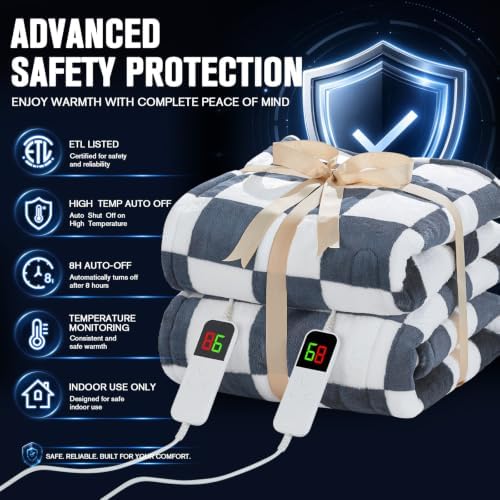 Electric Blanket Heated King Size, 90"X100" Dual Control, Navy Blue