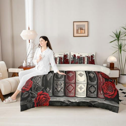 Erosebridal Book Art 7 Piece Bedding Set Twin Romantic Rose Comforter Set with Sheets Dark Retro Floral Bed in a Bag Black Red Ancient Bed Sets Comforter