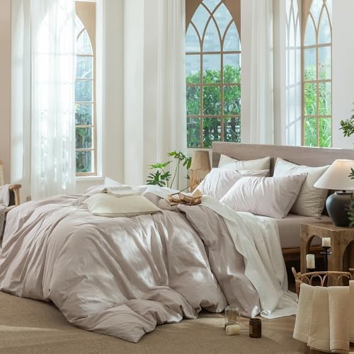 MooMee Striped Duvet Cover Set 100% Washed Cotton Linen Like Full