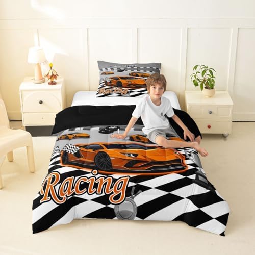 Feelyou Boys Race Car Bedding Set Soft for Boys Girls, Speed Sports Car Comforter Set Toddler Size Orange Racing Duvet Quilt Microfiber Extreme Sports Bedroom Decor 2 Pcs with 1 Pillow Cases