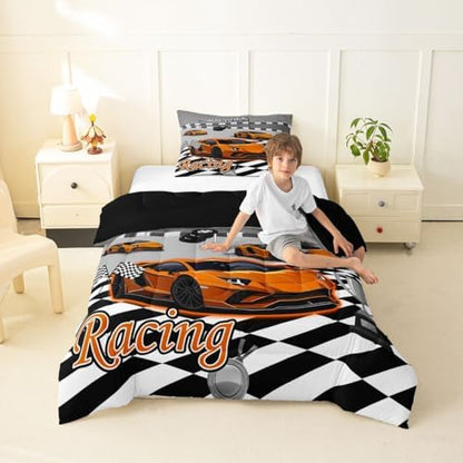 Feelyou Boys Race Car Bedding Set Soft for Boys Girls, Speed Sports Car Comforter Set Toddler Size Orange Racing Duvet Quilt Microfiber Extreme Sports Bedroom Decor 2 Pcs with 1 Pillow Cases