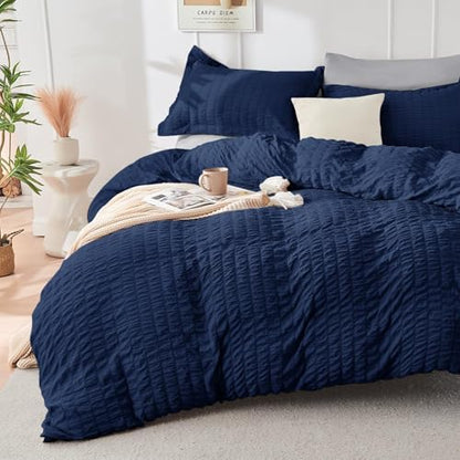 HYMOKEGE Navy Blue/Light Grey King Size Comforter Set Seersucker 7 Pieces, All Season Luxury Bed in a Bag for Bedroom, Bedding Set with Comforter, Sheets, Pillowcases & Shams