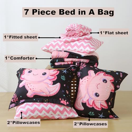 7 Piece Girls Axolotl Bedding Comforter Set for Kids Queen Size Kawaii Axolotl Bed in A Bag for Teen 3D Animals Colorful Bed Set Black
