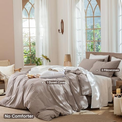 MooMee Gingham Duvet Cover Set 100% Washed Cotton Linen Like