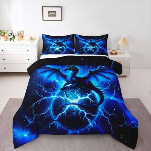 Feelyou Dragon Kids Comforter Set King Size Chic Outer Space Starry Sky Bedding Set ungle Animals Dragon Duvet Quilt for Kids Boys Girls Bedroom Black Blue Decor Microfiber Ultra Soft Breathable