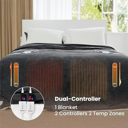 Heated Blanket Electric Blanket King Waffle, 90x100 Inches Dual Controllers Sherpa Fleece Fast Heating Blanket 6 Heating Levels & 10 Hours Auto Off ETL Certification,Charcoal Grey King