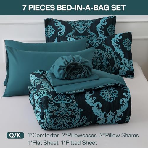 WONGS BEDDING 7 Piece King Comforter Set, Teal Texture Breathable Microfiber Comforter Bedding Set for All Season, Damask Bed in a Bag with Comforter, Flat Sheet, Fitted Sheet, Pillowcases & Shams