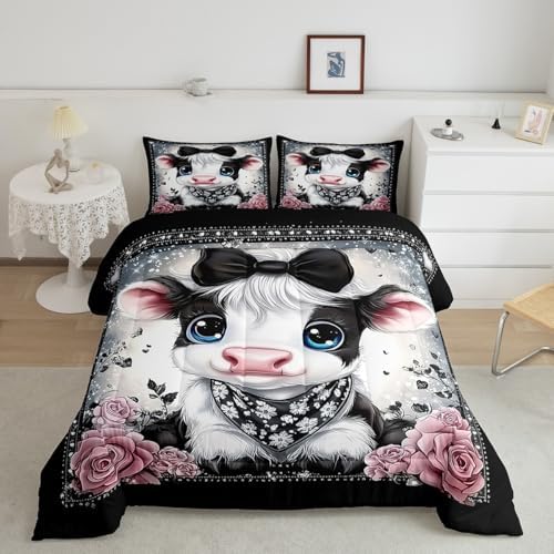 Feelyou Kids Cute Highland Cow Comforter Set Full Size Bowknot Highland Cattle Bedding Set Boys Girls Flowers Floral Pattern Quilt Set Western Farmhouse Animal Bed Set