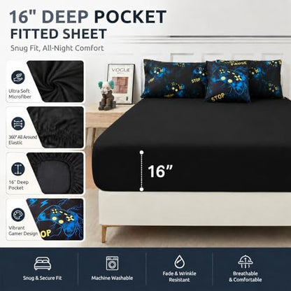 ZRNBAST Twin Size Bedding Set for Boys Blue Gaming Comforter Set 6 Pieces Bed in A Bag Lightning Gamer Bed Set with Sheets Microfiber Game Console Bedroom Decor(Blue,Twin)
