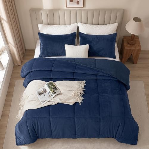 Fluffy Sherpa King Comforter Set, Thick Bedding Set 3 Pieces, Navy