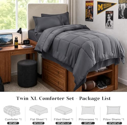 JOLLYVOGUE Twin XL Comforter Set, Ultra-Soft Bed in a Bag Twin XL Size 5 Pieces, Oeko-TEX Certified Bedding Set with Down Alternative Comforter, Sheets, Pillowcases & Shams, Dark Grey