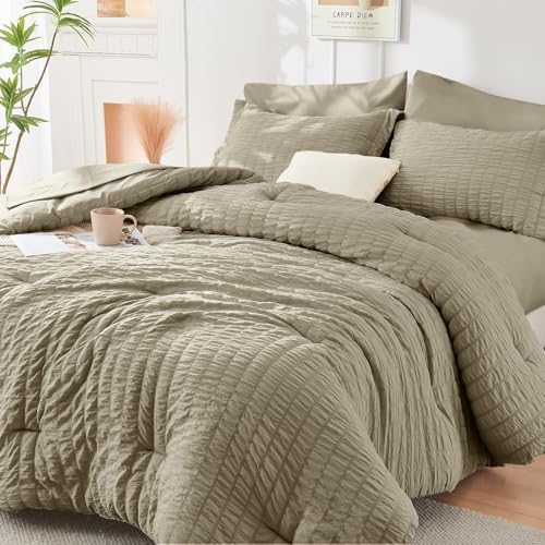 HYMOKEGE Linen California King Comforter Set Seersucker 7 Pieces, All Season Luxury Bed in a Bag for Bedroom, Bedding Set with Comforter, Sheets, Pillowcases & Shams