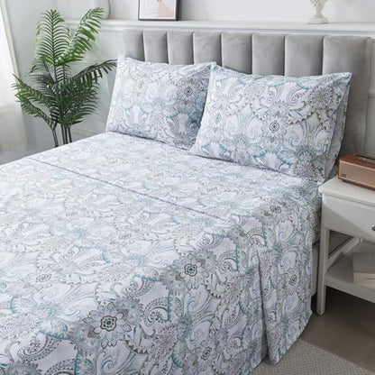 FADFAY Blue Paisley Sheets Set Twin XL Boho Paisley College Bedding Luxurious Bohemian Damask Paisley Dorm Bedding 100% Egyptian Cotton 800 Thread Count Deep Pocket Fitted Sheet 4Pcs, Twin XL Size