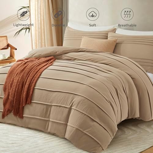 Oli Anderson 3PCS Pleated Duvet Cover Set, Khaki, Queen