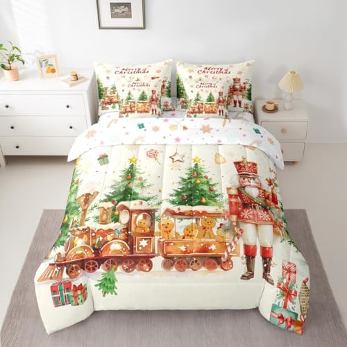 Erosebridal Merry Christmas 7 Piece Bedding Set King Cute Nutcracker Comforter Set with Sheets Xmas Vintage Farmhouse Bed in a Bag Yellow Kawaii Gingerbread Man Bed Sets Comforter