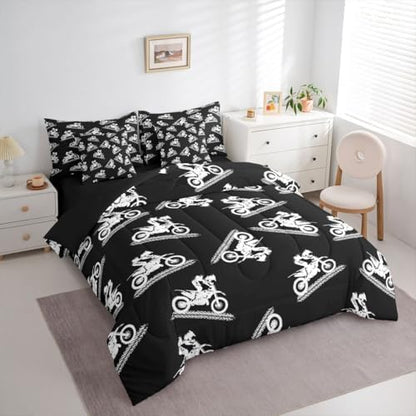 Feelyou Motocross Stunt Silhouette Comforter Set with Sheets 7 Piece Queen Sporty Stunt Design Bed in a Bag Dirt Bike Bedding Set Outdoor Sports Room Decor Motorcycle Art Breathable Soft Lightweight