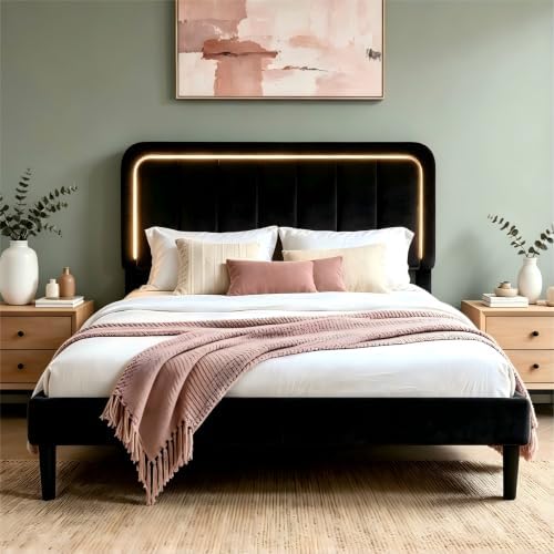 Garvee Full Size Bed Frame with LED Lights & Upholstered Headboard