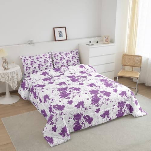 jejeloiu Purple Flower Comforter Set Toddler Size Kids Floral Bedding Set for Boys Girls Teens Botanical Duvet Breathable Minimalist Aesthetics Quilt Bedroom Decor,1 Comforter with 1 Pillowcase
