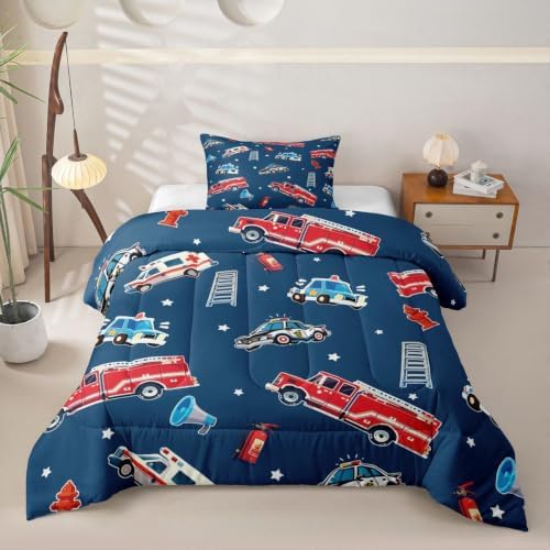 Feelyou Fire Truck Comforter Set Toddler Size Police Car Bedding Set for Kids Boys Girls Ambulance Cartoon Car Duvet Quilt Bedroom Decor Microfiber 2 Pcs with 1 Pillow Case