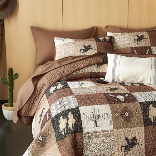 Wake In Cloud - Western Quilt Set, Southwestern Aztec Country Horse Cowboy Rustic Ranch Pattern Printed, Reversible Lightweight Bedspread Coverlet, 3 Pieces, Tan Brown, Twin/Twin XL Size