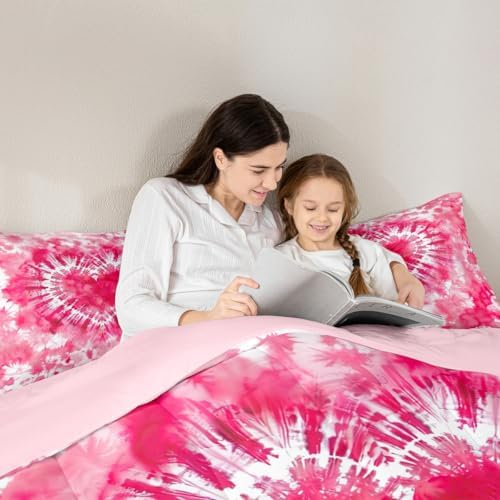 Rose Red Tie Dye Comforter Set Queen Size,Cute Heart Pink Tie Dye Bedding Set 3pcs for Kids Teens Girls Women Room Decor,Watercolor Tie Dye Quilt Set Modern Fashion Down Comforter with 2 Pillowcases
