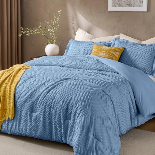 JOLLYVOGUE Twin/Twin XL Comforter Set, Boho Tufted 2PCS Bed Set, Dusty Blue