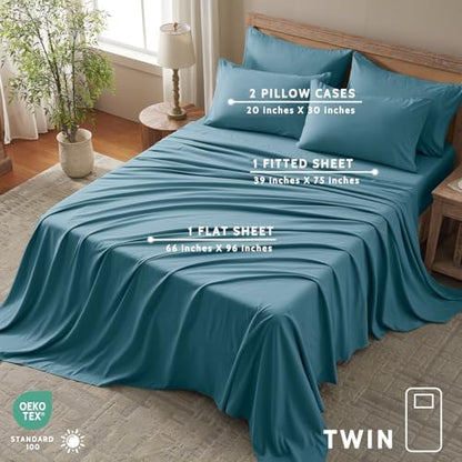 Twin Sheets Set - 4 Piece Soft Microfiber and Wrinkle Free Sheets - Easy Care, Extra Soft, Cooling Sheets - 1 Deep Pocket Fitted Sheet 1 Flat Sheet and 2 Pillowcases (Twin Denim Blue)