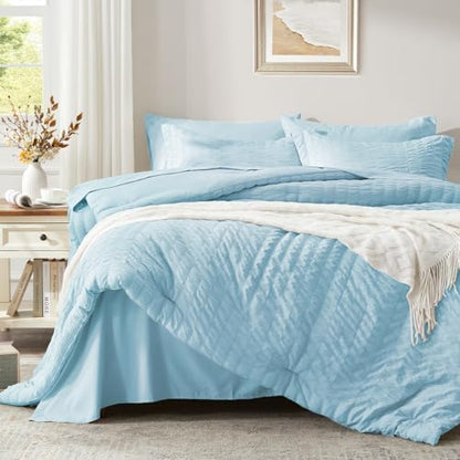 Full Size Comforter Sets 7 Piece, Light Blue Bed in a Bag Full Bedding Set