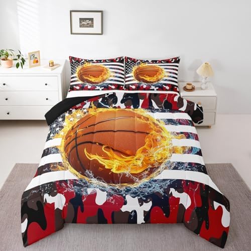 Erosebridal Basketball Comforter Set for Boys, American Flag Bedding Set Red Black Camouflage Duvet Sets Twin Size for Kids Teens Adult, Sports Games Gold Fire Down Comforter with 1 Pillow Case
