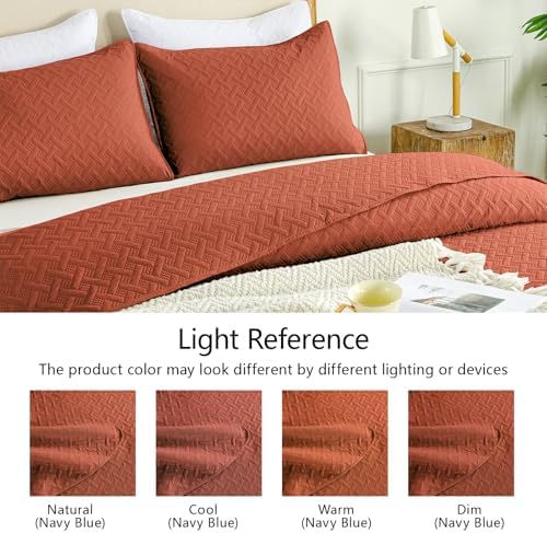 FLYMME Burnt Orange Twin Quilt Bedding Set Thin Lightweight Bedspreads,Modern Style Geometric Weave Stripe Pattern,Soft Microfiber Bed Coverlet for All Season (1 Quilt, 1Sham)