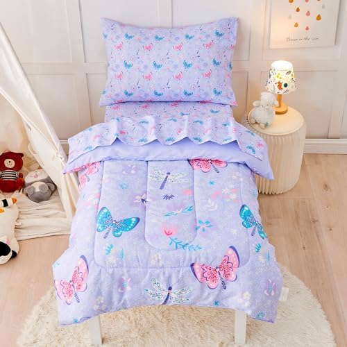 lasoftan Butterfly Toddler Bedding Set for Girls, 4 Piece Bed-in-a-Bag Toddler Comforter Sets, Super Soft Comforter Sheet Set and Comfortable Microfiber Toddler Bed Set