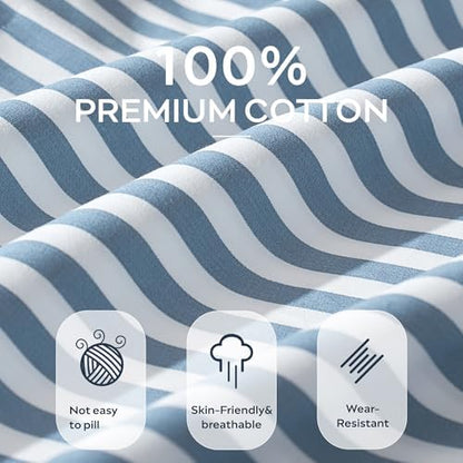 JELLYMONI 100% Cotton Sheet Set, Dusty Blue Striped, Queen