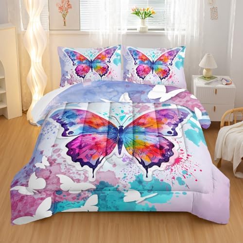 King Comforter Set for Girls Teens, Purple Blue Butterfly Comforter Set 3-Pieces Bed in a Bag，3D Colorful Butterfly King Bedding Set,Butterflies Quilt Set 3 Pcs 1 Comforter and 2 Pillowcases