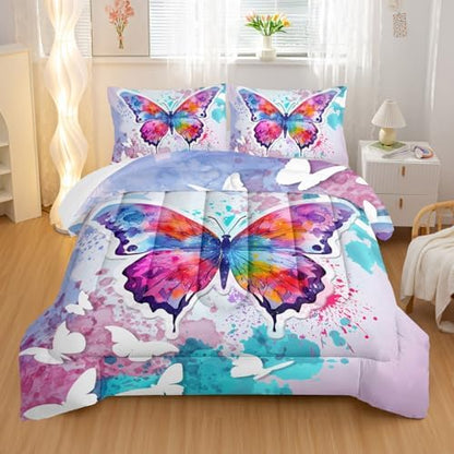 Nttopship Colorful Butterfly Comforter Set Twin Size for Girls Teens, Butterfly Comforter Set 3-Pieces Bed in a Bag 3D Colorful Butterfly Twin Bedding Set,1 Comforter and 2 Pillowcases