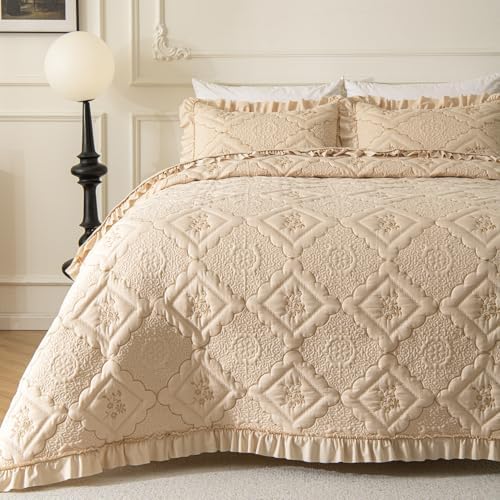 Sobrecamas Queen Elegantes,Queen Floral Quilt Set,Reversible Beige Coverlet