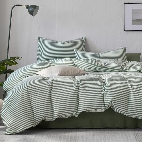 JELLYMONI 100% Cotton Printed Striped Queen Duvet Cover Set, Green