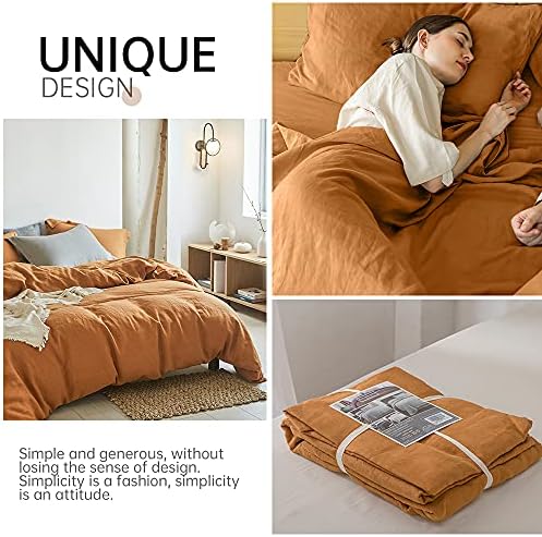 Simple&Opulence 100% Linen Duvet Cover Set 3pcs Basic Style Natural French Washed Flax Solid Color Soft Breathable Farmhouse Bedding with Button Closure - Rust, Full