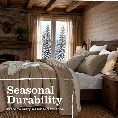 DOWN HOME Twin Quilt Bedding Set with Sham, Vintage Washed Soft Quilted Blanket Thin Comforter Lightweight Bedspread Coverlet Bed Cover, Brushed Microfiber Stripe Stitching, Brown, 66"x92"