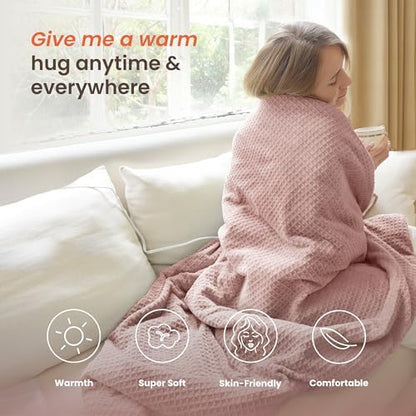 Heated Blanket Electric Throw Waffle, 50x60 Inches Sherpa Fleece Fast Heating Blanket 6 Heating Levels & 4 Hours Auto Off ETL Certification, Pink Throw
