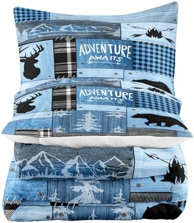 LUVIVIHOME 3PCS Rustic Cabin Comforter Set Full Size, Farmhouse Bedding, Black Bear Deer Elk Moose Forest Animal Wildlife Hunting Country Brown Patchwork White Blue Plaid Lodge Quilt, 2 Pillow Cases