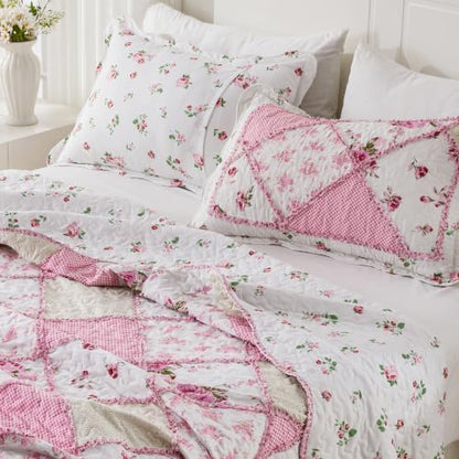 VIVILINEN King Size Quilt Set Pink Floral Patchwork Bedspread Coverlet Set