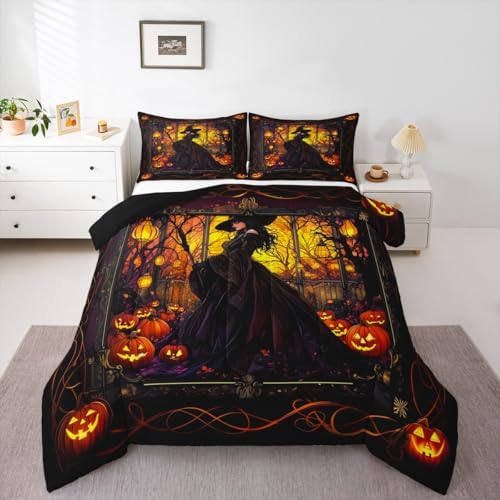 Fairy Witch Kids Comforter Set King Size,Halloween Pumpkin Lantern Lamp Gothic Retro Bedding Set,Girls Boys Room Decor,Branch Dead Magical Quilt Comforter,Trippy Chic Duvet Insert,2 Pillowcases