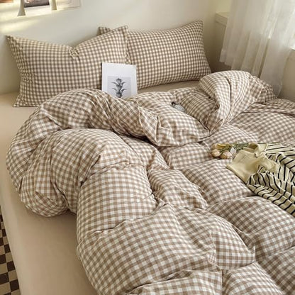Nayoroom Brown Gingham Comforter Set King Plaid Checkered Dorm Bedding