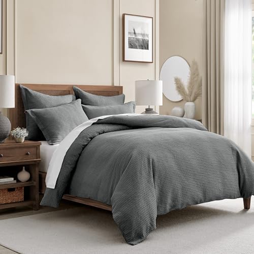 Levtex Home Cloud Waffle King/Cal King Comforter Set (106x94in) with 2 Pillow Shams (36x20in) - Solid Waffle Cotton Texture - Charcoal - 100% Cotton King Size Comforter Set - Soft, Pre-Washed